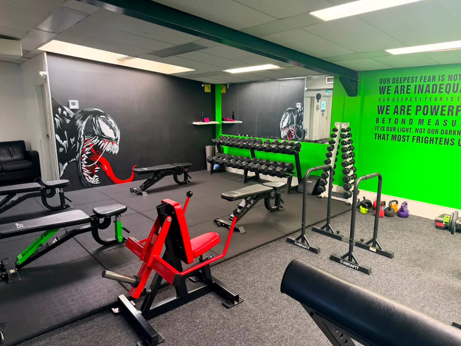 Dumbbell and kettlebell area with Venom mural at TNT Fitness
