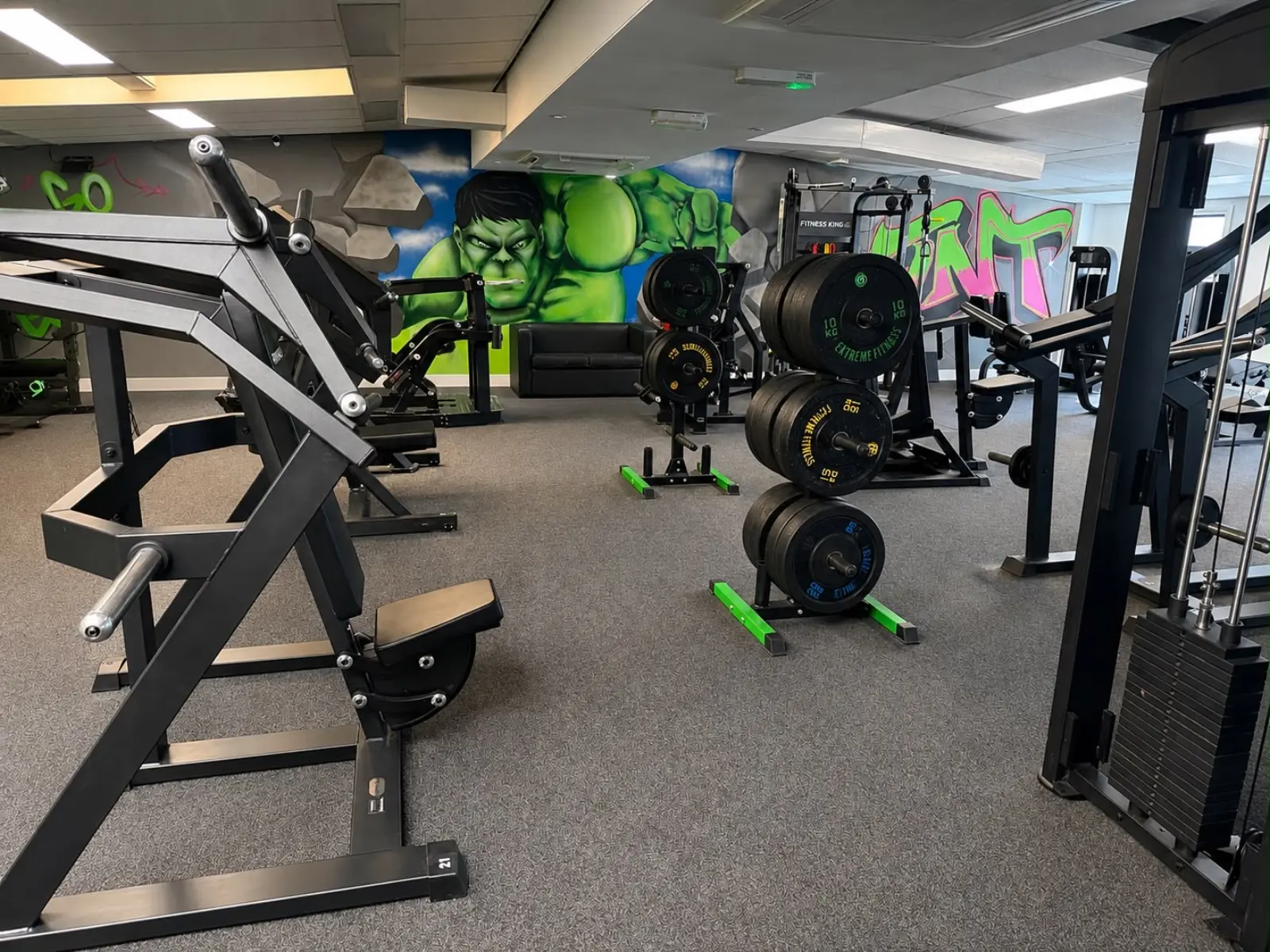 Plate-loaded strength machines and Olympic bumper plates on the TNT Fitness gym floor